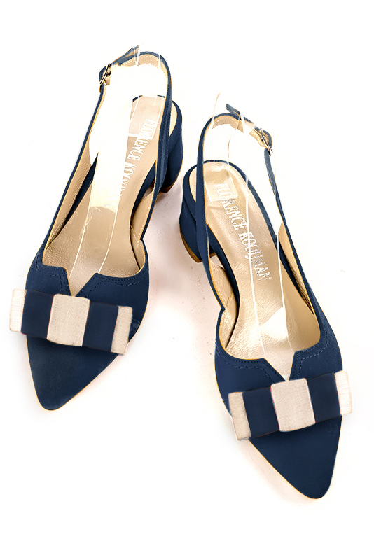 Navy blue and gold women's open back shoes, with a knot. Tapered toe. Low flare heels. Top view - Florence KOOIJMAN